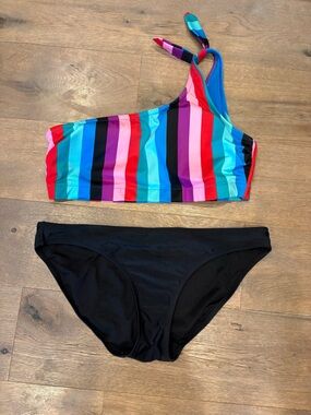 Old Navy Multicolor Striped One-Shoulder Bikini Top with Black Bottom